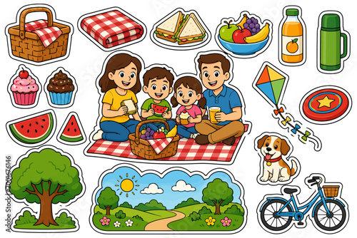 Family picnic sticker set with caucasian adults and children enjoying outdoor activities.