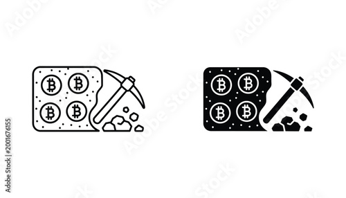 Bitcoin mining concept with digital currency coins and pickaxe in creative flat vector illustration style