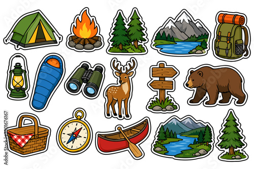 Outdoor adventure stickers featuring camping and nature icons.
