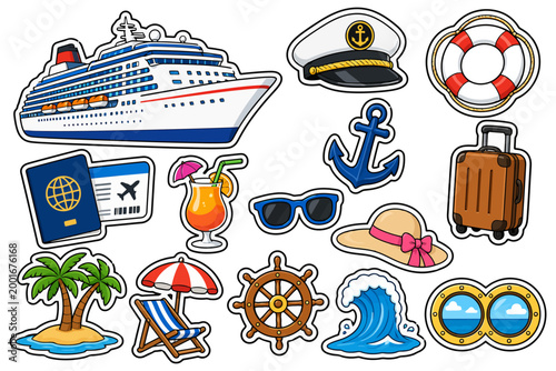 Vibrant cruise travel icons with ship, captain's hat, and tropical elements.