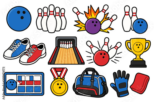 Colorful bowling icons collection featuring pins, balls, shoes, and trophies.