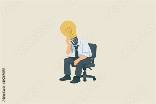 Businessman with light bulb head sitting in stress, symbolizing mental exhaustion, creative burnout, idea block, workplace pressure, and innovation fatigue. Flat vector illustration.