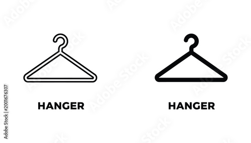Minimalist clothes hanger icon set in outline and solid black style for fashion retail and laundry service branding design elements
