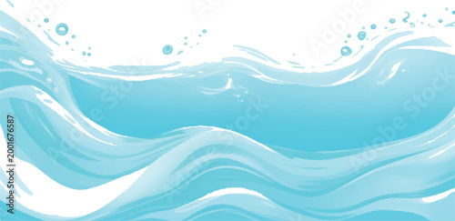 Blue ocean waves with white foam and bubbles against a gradient light blue horizon background movement abstract tropical refreshing illustration gradient clean water backdrop