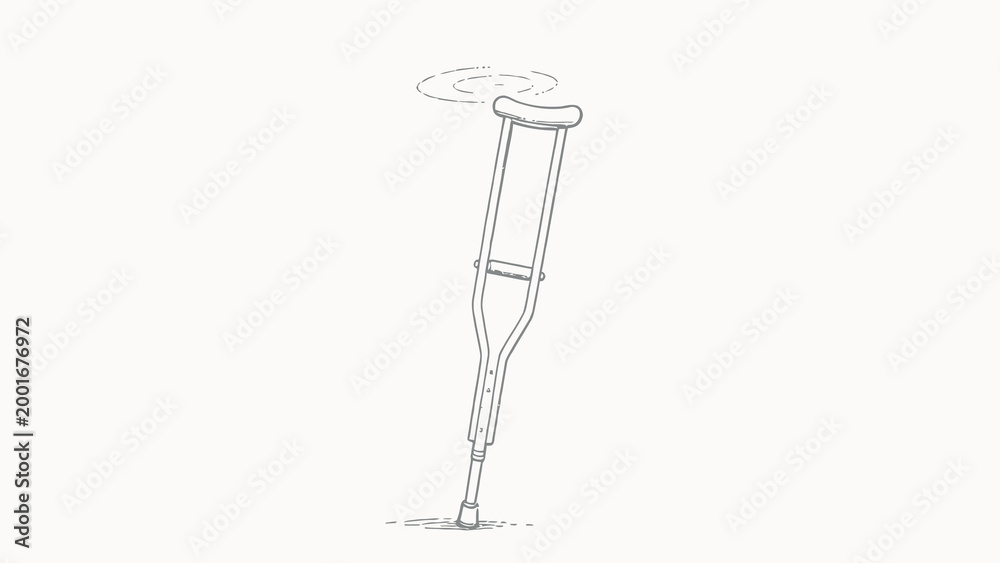 Obraz premium Minimalist Monochrome Line Art Cartoon of a Single Underarm Crutch Spinning, Balanced Upright On Its Rubber Tip Against Plain Off-White Background