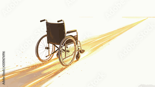 Empty Standard Manual Wheelchair Moving Along Glowing Golden Road Stretching To Bright Horizon, Warm Minimalist Art Conveying Hope And Forward Journey