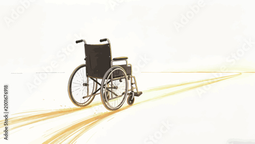 Empty Manual Wheelchair Travelling Along Glowing Golden Wheel Tracks Across a Vast Bright Minimalist White Horizon Landscape, Evoking Unseen Movement and Freedom