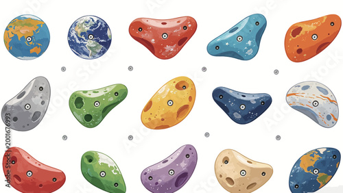 Whimsical Cartoon Illustration of Planet and Space-Themed Indoor Rock Climbing Holds, Arranged in 3 Rows with Cute Googly Eye Details on Clean Plain White Background