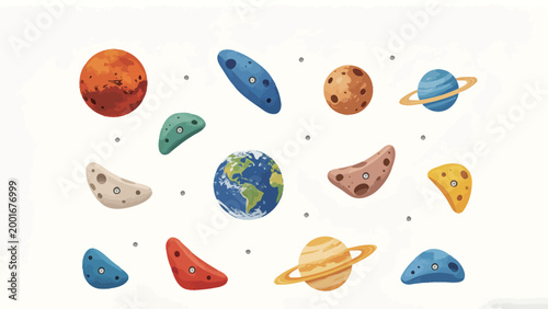 Whimsical Space-Themed Illustration with Earth at Center, Symmetrically Arranged Stylized Planets and Celestial-Shaped Rock Climbing Holds on Soft Off-White Background