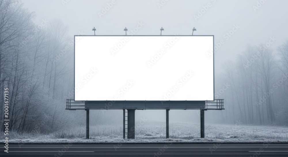 Fototapeta premium Blank billboard frame in cold foggy outdoor environment ready for advertisement or message display