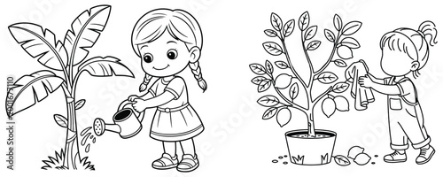 Children happily engage in gardening activities with plants and watering can.