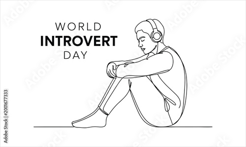 World introvert day celebration with a person listening to music, line art