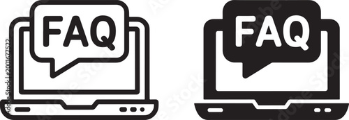 Black and white of a laptop displaying a speech bubble with F A Q text frequently asked questions