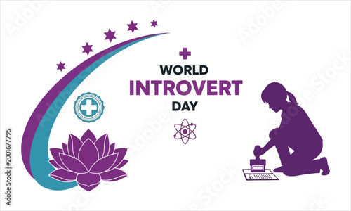 World introvert day with abstract symbols and a person crafting, white backgroun