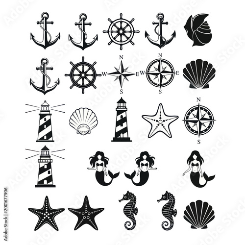 Black and white nautical icons set.