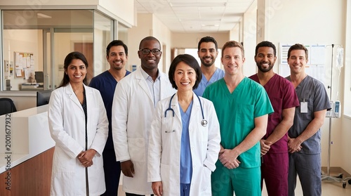 A smiling female doctor standing proudly with her diverse medical team in a modern clinic.