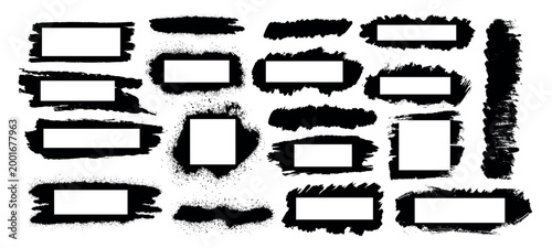 Set of drawn grunge brush frames rectangle. Straight black ink borders. Smudge abstract shape stains