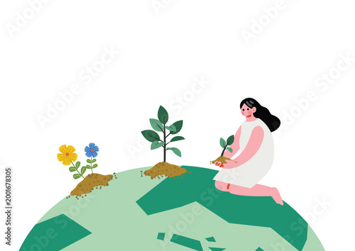 地球に植物を植える女性のイラスト