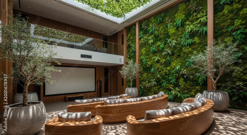 Fototapeta premium Elegant Home Cinema: Luxurious home cinema, boasting stylish seating, an expansive screen, and a vibrant green wall, offering the ultimate in entertainment in an upscale setting.