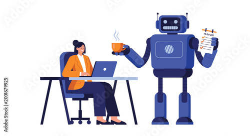 Robot, human collaboration, business automation, office workflow, futuristic teamwork vector