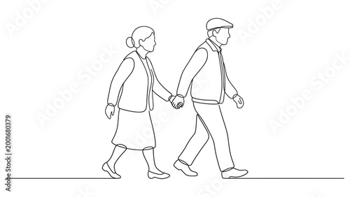 Elderly couple walking hand in hand.