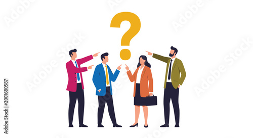 Confused business team, pointing fingers, question mark, discussion, teamwork, uncertainty