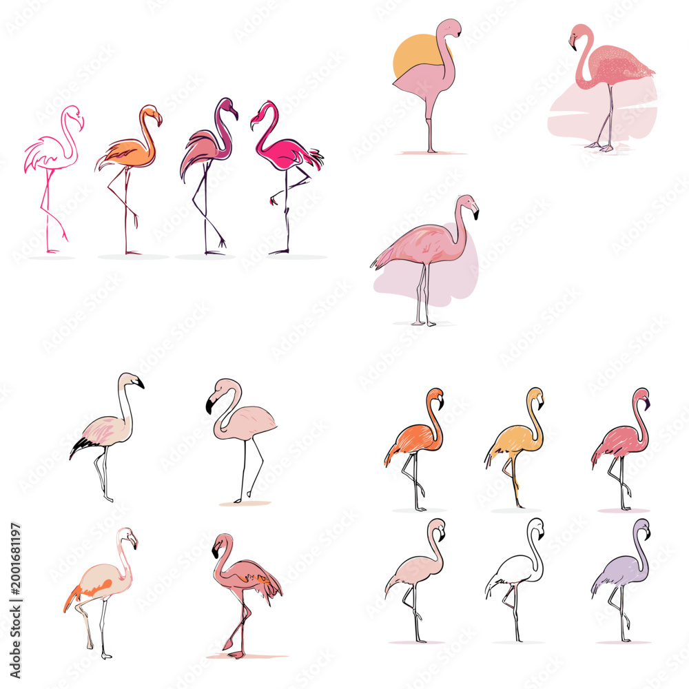 Fototapeta premium Various flamingos in colorful designs and unique poses 