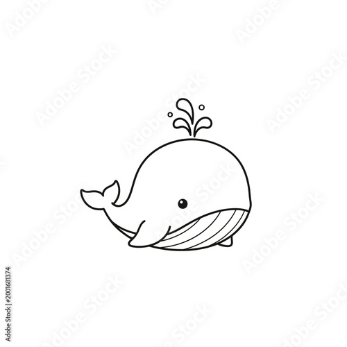 Cute cartoon whale spouting water, simple line art, isolated on white background