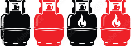 Gas cylinder and LPG tank icon set propane gas bottle silhouette vector with flame symbol