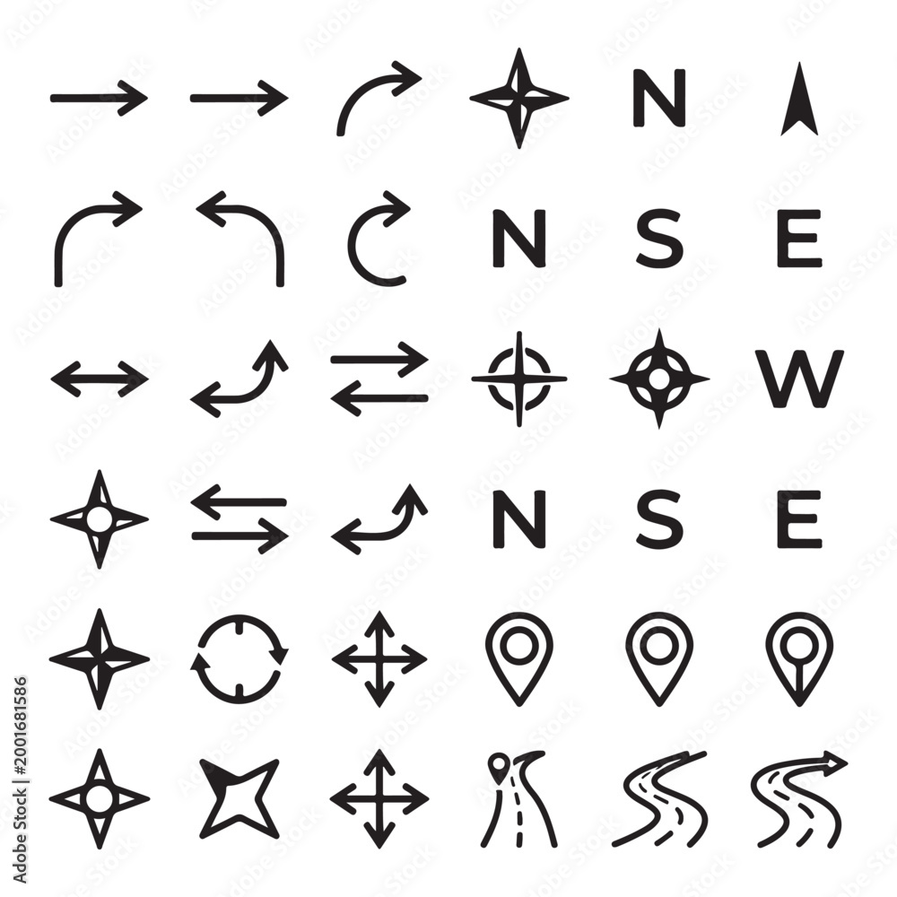 Fototapeta premium Navigation and direction icon set with compass elements