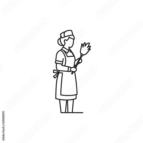Housekeeper Icon with Duster - Minimalist Line Art of Cleaning Staff