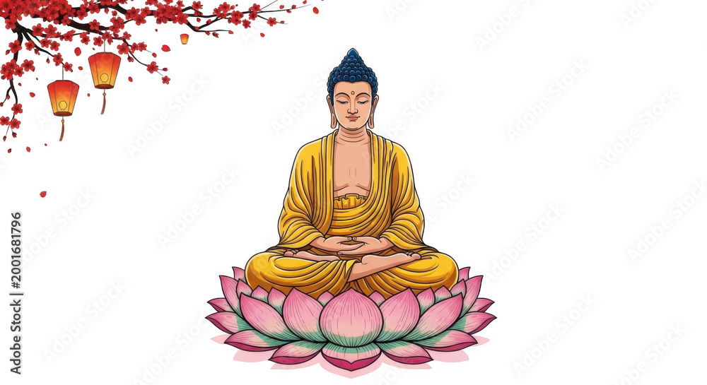 Obraz premium Set of buddha purnima icons with silhouette of buddha lotus flower and bodhi leaf for religious celebration