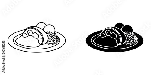 Meatloaf slice on plate with side dish linear and silhouette icons set of comfort food meal with gravy and vegetables symbol collection isolated vector illustrations on white background for menu.
