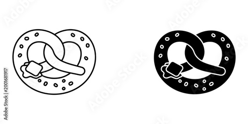 Pretzel with butter vector line art and glyph icons on white background, traditional german snack black and white outline sign.
