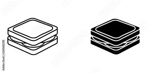 Two isometric icons of a block of butter on a plate with rolling pin and potatoes symbolizing ingredients for baking or cooking a meal.