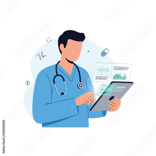 Doctor using digital tablet with medical data and charts on screen, modern healthcare technology concept