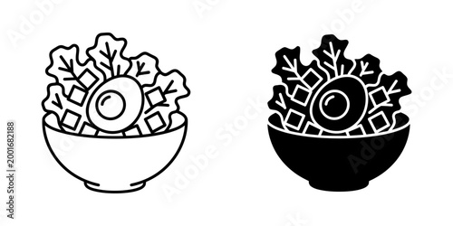 Caesar salad with boiled egg outline and glyph icon healthy food and diet salad bowl vector graphics isolated on a white background.