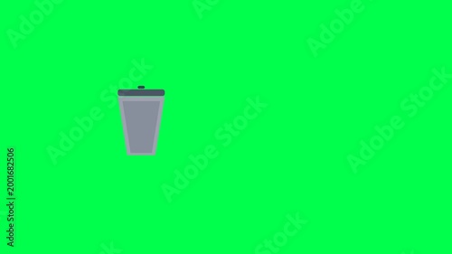 Simple illustration of a grey trash can with a black lid as a cup and bottle are thrown inside, representing waste disposal and cleanup concept