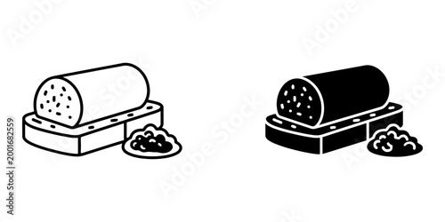 Set of simple line art and solid black sausage and bread snack icons for cafe menu design vector isolated on white background depicting hearty meat breakfast sandwich slice with tasty seasonings.
