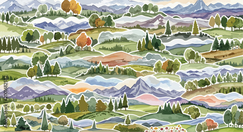 Watercolor mountain landscape stickers, hand-painted nature scenery elements, rustic forest and hill vector collection for scrapbooking and design