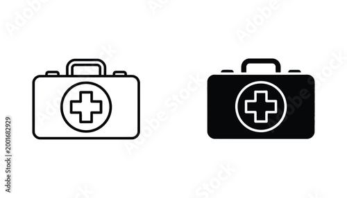 Medical first aid kit bag with cross symbol in outline and solid vector graphic styles for healthcare emergency preparedness and safety icons set for professional clinic or hospital interface usage