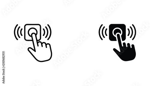 Human hand finger pressing round notification button with radiating signal waves in outline and solid vector design styles for user interface applications and digital interactive web elements concept