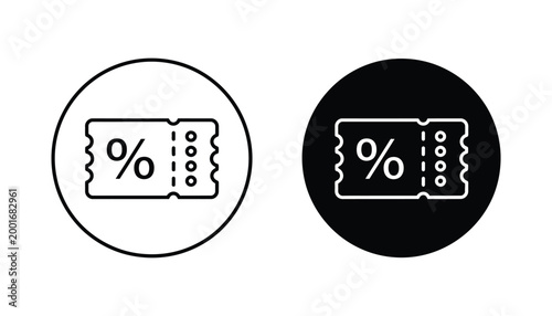 Discount coupon ticket with percentage symbol icon in outline and solid black silhouette styles for ecommerce and retail marketing campaigns