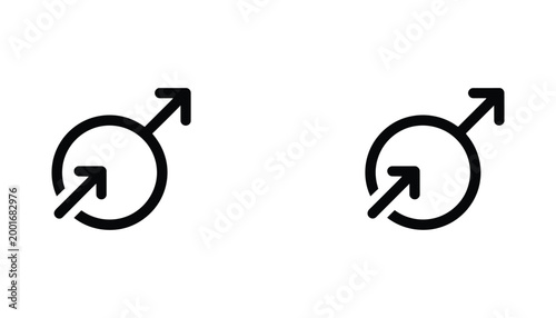 Male gender symbol with directional arrow icon in outline and solid black silhouette styles for biology demographics and social media profile design elements