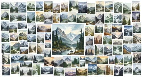 Watercolor mountain landscape collection, set of 80 nature illustrations with pine forests and rivers, scenic alpine wilderness art bundle
