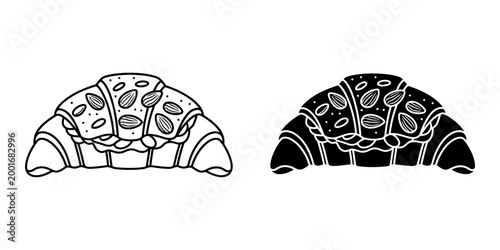 A delicious icon set with an almond croissant, perfect for illustrating bakery and breakfast themes with simple and clean design on white background.