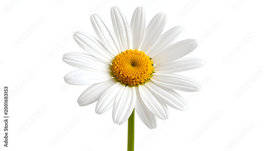 Fototapeta premium A Single White Daisy Flower with a Yellow Center on a White Background.