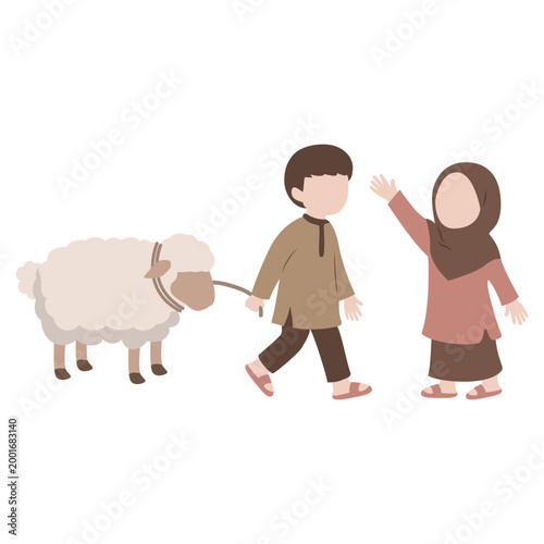 Muslim Children with Sacrifice Sheep for Eid al-Adha Illustration