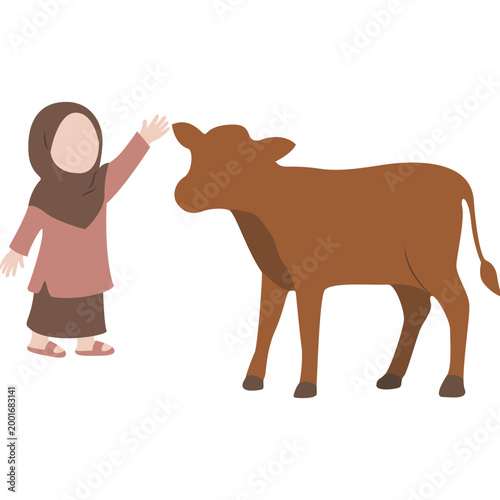 Muslim Girl in Hijab with Sacrifice Cow for Eid al-Adha Vector
