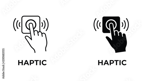 Haptic feedback touch screen button icon with vibration waves in outline and solid black style for mobile device interface design